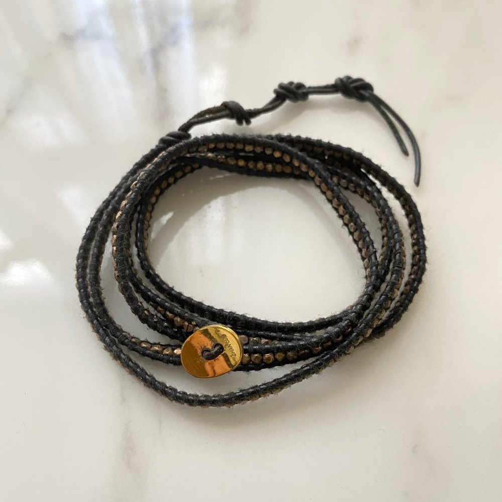 CHAN LUU Gold Nugget Black Leather Wrap Bracelet